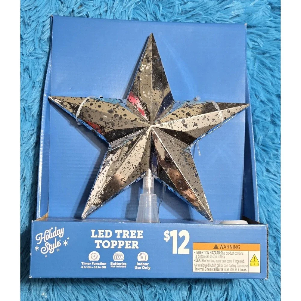 Holiday Style Silver Light Up LED Star Tree Topper Timer Indoor Christmas Decor